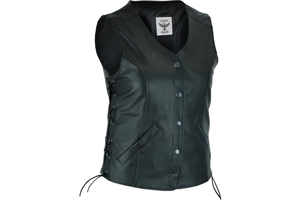 Review colete de couro para motociclista feminino.